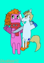 Size: 2480x3508 | Tagged: safe, artist:auramaster151, derpibooru import, oc, oc:aura star, oc:shell spin, unofficial characters only, pegasus, pony, beginner artist, blonde mane, blonde tail, blue background, blue coat, blushing, boyfriend and girlfriend, clothes, couple, cuddling, cute, cutie mark, cyan background, female, glasses, green eyes, holding hooves, hooves, image, krita, looking away, male, mare, orange mane, orange tail, pegasus oc, pink coat, png, red scarf, scarf, shy, simple background, spread wings, stallion, tail, wings, yellow eyes