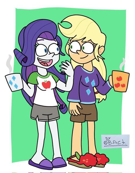 Size: 798x1024 | Tagged: safe, artist:garybaldor, derpibooru import, applejack, rarity, human, equestria girls, g4, applejack's cutie mark, clothes, clothes swap, drink, duo, duo female, female, image, jpeg, lesbian, looking at each other, looking at someone, matching outfits, mug, open mouth, open smile, passepartout, rarijack, rarity's cutie mark, shipping, shirt, shorts, signature, slippers, smiling, steam