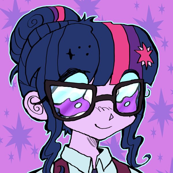 Size: 3120x3120 | Tagged: safe, artist:larvaecandy, derpibooru import, sci-twi, twilight sparkle, equestria girls, g4, bangs, big eyes, bust, clothes, collared shirt, colored sclera, commission, curly eyelashes, cutie mark accessory, cutie mark background, cutie mark hair accessory, eye clipping through hair, eyelashes, female, glasses, hair accessory, hair bun, hairclip, high res, icon, image, jpeg, looking at you, no pupils, outline, patterned background, profile picture, purple eyes, purple sclera, purple skin, shirt, sidebangs, smiling, smiling at you, solo, three toned hair, tied hair, two toned background, wingding eyes