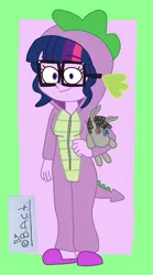 Size: 1158x2080 | Tagged: safe, artist:garybaldor, derpibooru import, sci-twi, smarty pants, twilight sparkle, human, equestria girls, g4, clothes, dragon costume, female, glasses, image, implied spike, jpeg, looking at you, onesie, pajamas, plushie, signature, slippers, smiling, solo