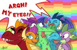 Size: 850x550 | Tagged: safe, artist:komodonnie04, derpibooru import, crackle, garble, princess ember, smolder, spike, dragon, g4, boop, image, looking at each other, looking at someone, noseboop, one eye closed, png, rainbow background, smiling, yelling