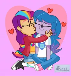 Size: 949x1024 | Tagged: safe, artist:garybaldor, derpibooru import, izzy moonbow, sunny starscout, human, equestria girls, g4, g5, clothes, cutie mark, cutie mark on clothes, duo, duo female, equestria girls-ified, eyes closed, female, floating heart, g5 to equestria girls, g5 to g4, generation leap, hand on face, heart, heart background, image, izzy moonbow's cutie mark, jacket, jpeg, kiss on the cheek, kissing, kneeling, lesbian, mane stripe sunny, pants, ship:moonscout, shipping, shirt, shoes, shorts, sitting, smiling, sunny starscout's cutie mark