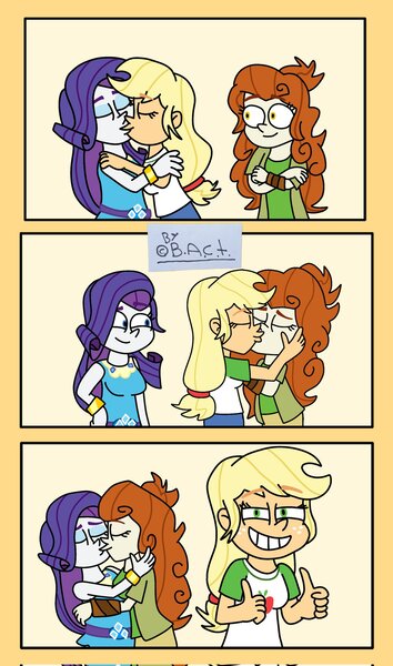 Size: 1210x2048 | Tagged: safe, artist:garybaldor, derpibooru import, applejack, autumn blaze, rarity, human, equestria girls, g4, 3 panel comic, clothes, comic, crossed arms, eyes closed, female, freckles, grin, hand on hip, image, jpeg, kiss on the lips, kissing, lesbian, looking at you, meme, polyamory, ponified meme, rarijack, ship:autumnjack, ship:autumnrarijack, ship:rariblaze, shipping, shirt, smiling, squint, thumbs up, trio, trio female