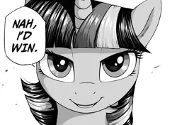 Size: 1816x1276 | Tagged: safe, ai content, derpibooru import, prompter:local sugar provider, twilight sparkle, alicorn, pony, g4, ai composition, bust, confident, derpibooru exclusive, dialogue, female, funny, horn, image, jujutsu kaisen, looking at you, mare, meme, nah i'd win, png, ponified meme, reference, simple background, smiling, solo, speech bubble, text, white background