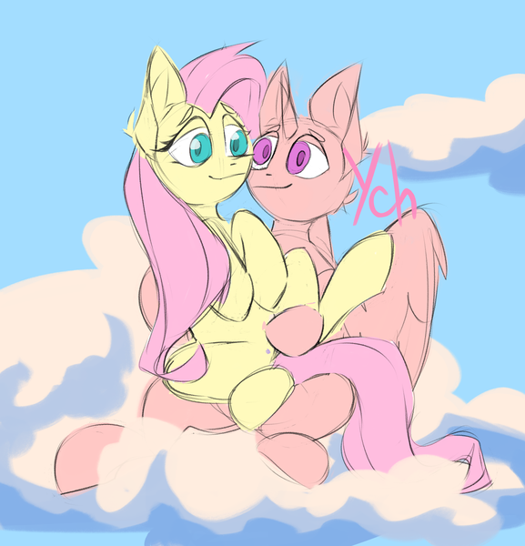 Size: 2362x2456 | Tagged: safe, artist:twee, derpibooru import, fluttershy, oc, pegasus, pony, g4, auction, auction open, canon x oc, cloud, commission, commission open, dating, happy, image, looking at each other, looking at someone, love, outdoors, png, romantic, shy, sitting, sitting on person, smiling, smiling at each other, your character here