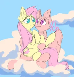 Size: 2362x2456 | Tagged: safe, artist:twee, derpibooru import, fluttershy, oc, pegasus, pony, g4, auction, auction open, canon x oc, cloud, commission, commission open, dating, happy, image, looking at each other, looking at someone, love, outdoors, png, romantic, shy, sitting, sitting on person, smiling, smiling at each other, your character here