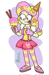 Size: 667x1024 | Tagged: safe, artist:garybaldor, derpibooru import, human, equestria girls, g4, g5, clothes, equestria girls-ified, female, food, g5 to equestria girls, g5 to g4, generation leap, ice cream, ice cream cone, image, jpeg, looking at something, shoes, signature, smiling, solo, striped legwear, sundae (g5), tongue out