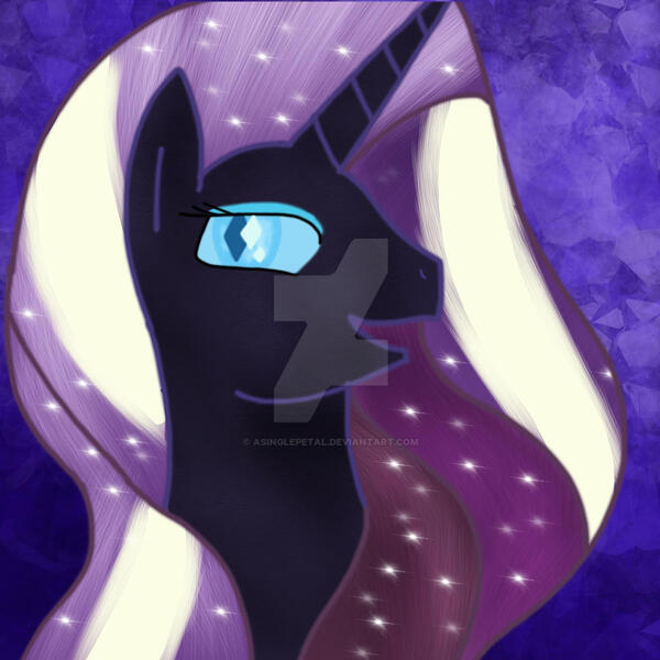 Size: 1024x1024 | Tagged: safe, artist:asinglepetal, derpibooru import, nightmare rarity, rarity, pony, unicorn, g4, amethyst background, bust, crystal background, darkened coat, deviantart watermark, diamond pupils, eyeshadow, female, horn, image, ipad, jpeg, makeup, mare, nightmarified, obtrusive watermark, open mouth, peytral, procreate, procreate app, slit pupils, solo, solo female, starry hair, tumblr:a rarity of a nightmare, tumblr:ask nightmare rarity, watermark, white stripes