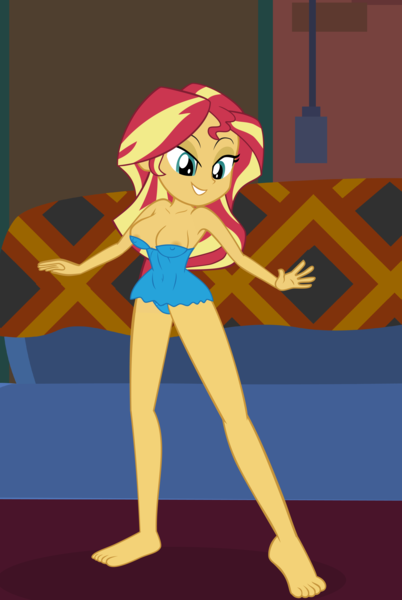 Size: 2930x4376 | Tagged: questionable, sunset shimmer, human, equestria girls, areola, areola slip, barefoot, belly button, breasts, cleavage, clothes, couch, curvy, curvy figure, drop shadow, erect nipples, feet, female, hand on hip, hands up, hourglass figure, image, indoors, lidded eyes, looking down, nightgown, nipple outline, png, smiling, solo, solo female, sunset's apartment, tight clothing, underwear, wide hips