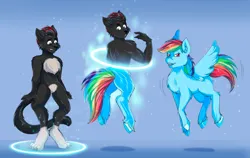 Size: 2414x1526 | Tagged: safe, artist:shokly, derpibooru import, rainbow dash, oc, pegasus, pony, g4, flying, furry, furry to pony, image, jpeg, transformation, transformation ring, transformation sequence, unshorn fetlocks