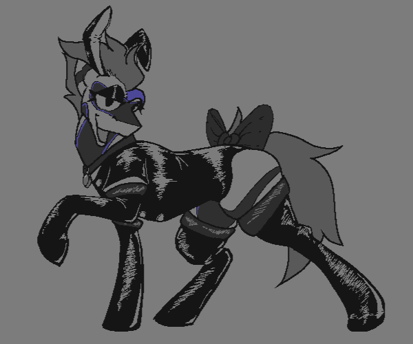 Size: 600x500 | Tagged: suggestive, artist:criminallyjurassic, artist:kangatooth, derpibooru import, oc, oc:cole (kangatooth), unofficial characters only, earth pony, bedroom eyes, bow, bunny ears, bunny suit, clothes, collar, eyelashes, eyeshadow, image, latex, latex socks, latex suit, lidded eyes, makeup, png, socks, solo, strut, sultry, sultry pose, tail, tail bow, thigh highs, thigh squish