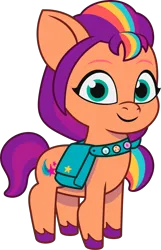 Size: 1462x2275 | Tagged: safe, derpibooru import, official, sunny starscout, earth pony, pony, g5, my little pony: tell your tale, .ai available, .svg available, badge, female, filly, filly sunny starscout, fluttershy's cutie mark, foal, image, mane stripe sunny, png, rainbow dash's cutie mark, simple background, smiling, solo, sunny's bag, transparent background, twilight sparkle's cutie mark, unshorn fetlocks, vector, younger