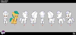 Size: 3440x1598 | Tagged: safe, derpibooru import, official, hitch trailblazer, earth pony, pony, g5, my little pony: tell your tale, .psd available, colt, colt hitch trailblazer, concept art, foal, image, male, png, sheriff's badge, smiling, solo, turnaround, unshorn fetlocks, younger