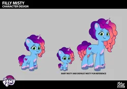 Size: 1921x1344 | Tagged: safe, derpibooru import, official, pony, unicorn, g5, my little pony: tell your tale, .psd available, baby, baby misty brightdawn, behind the scenes, concave belly, concept art, female, filly, filly misty brightdawn, foal, height difference, horn, image, mare, misty brightdawn, physique difference, png, rebirth misty, size comparison, slender, smiling, solo, thin, unshorn fetlocks, younger