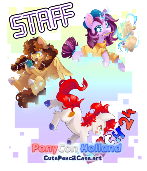 Size: 850x992 | Tagged: safe, artist:cutepencilcase, derpibooru import, oc, unofficial characters only, pegasus, pony, unicorn, horn, image, pegasus oc, png, ponycon holland, trio, unicorn oc, wings