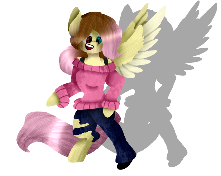 Size: 2834x2267 | Tagged: safe, artist:toffee-the-dingo, derpibooru import, fluttershy, human, pegasus, pony, g4, clothes, eye color change, female, high res, human to pony, image, open mouth, open smile, png, simple background, smiling, solo, spread wings, standing, sweater, torn clothes, transformation, transparent background, wings