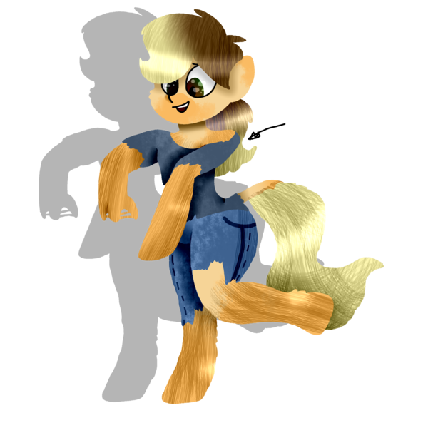 Size: 2834x2833 | Tagged: safe, artist:toffee-the-dingo, derpibooru import, applejack, earth pony, human, pony, g4, clothes, eye color change, female, high res, human to pony, image, open mouth, png, simple background, smiling, solo, standing, torn clothes, transformation, transparent background