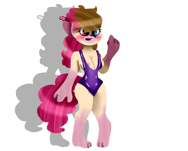 Size: 2834x2267 | Tagged: questionable, artist:toffee-the-dingo, derpibooru import, pinkie pie, earth pony, human, pony, g4, areola, areola slip, blushing, breasts, clothes, eye color change, female, high res, human to pony, image, one-piece swimsuit, open mouth, png, simple background, solo, standing, swimsuit, torn clothes, transformation, transparent background