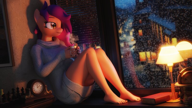 Size: 3840x2160 | Tagged: safe, artist:artempredator, ponerpics import, oc, unofficial characters only, anthro, 3d, breasts, chocolate, christmas, clothes, feet, female, food, holiday, hot chocolate, image, jpeg, solo, solo female, sweater, toes