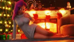 Size: 3840x2160 | Tagged: safe, artist:artempredator, ponerpics import, oc, unofficial characters only, anthro, 3d, breasts, christmas, clothes, feet, female, holiday, image, jpeg, lying down, side, solo, solo female, sweater, toes