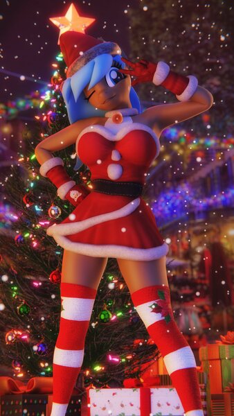 Size: 1152x2048 | Tagged: safe, artist:artempredator, ponerpics import, oc, oc:iva, unofficial characters only, anthro, 3d, breasts, christmas, christmas sweater, clothes, female, gloves, holiday, image, jpeg, one eye closed, socks, solo, solo female, stockings, sweater, thigh highs