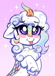 Size: 4225x5818 | Tagged: safe, artist:confetticakez, derpibooru import, oc, oc:cloudy canvas, unofficial characters only, kirin, :p, absurd resolution, blushing, chest fluff, cloven hooves, cute, eyebrows, eyebrows visible through hair, female, gradient background, horn, image, kirin oc, kirinbetes, ocbetes, png, solo, sparkles, sparkly eyes, tongue out, unshorn fetlocks, wingding eyes