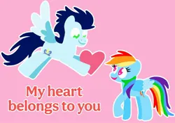 Size: 2602x1847 | Tagged: safe, anonymous artist, derpibooru import, rainbow dash, soarin', pegasus, pony, series:soarindash romantic tales, derpibooru exclusive, female, flying, heart, image, jpeg, lineless, looking at each other, looking at someone, male, mare, shipping, smiling, smiling at each other, soarindash, stallion, straight, text