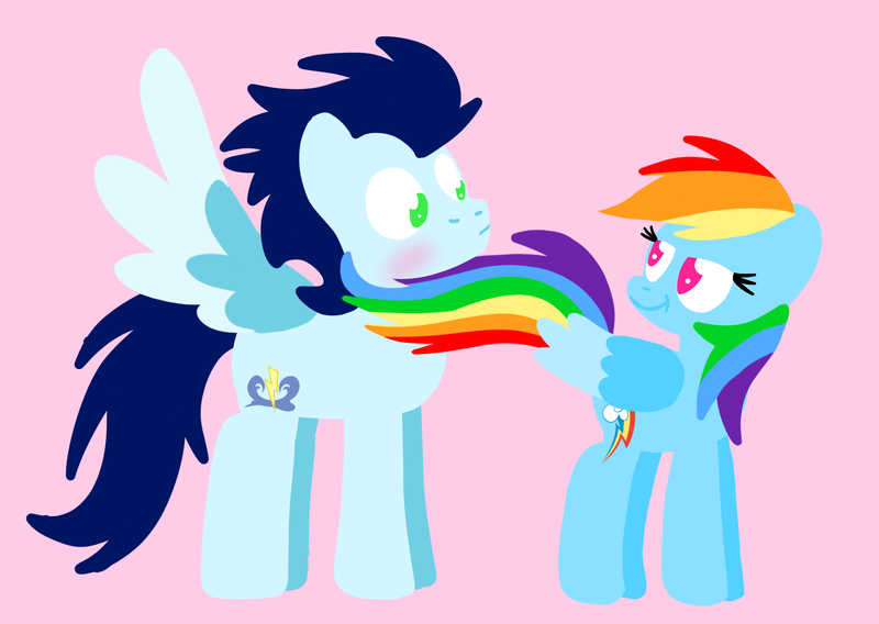 Size: 2602x1847 | Tagged: safe, anonymous artist, derpibooru import, rainbow dash, soarin', pegasus, pony, series:soarindash romantic tales, blushing, derpibooru exclusive, female, flirting, image, lineless, male, mare, png, seduction, shipping, soarindash, stallion, straight, tail, tail seduce