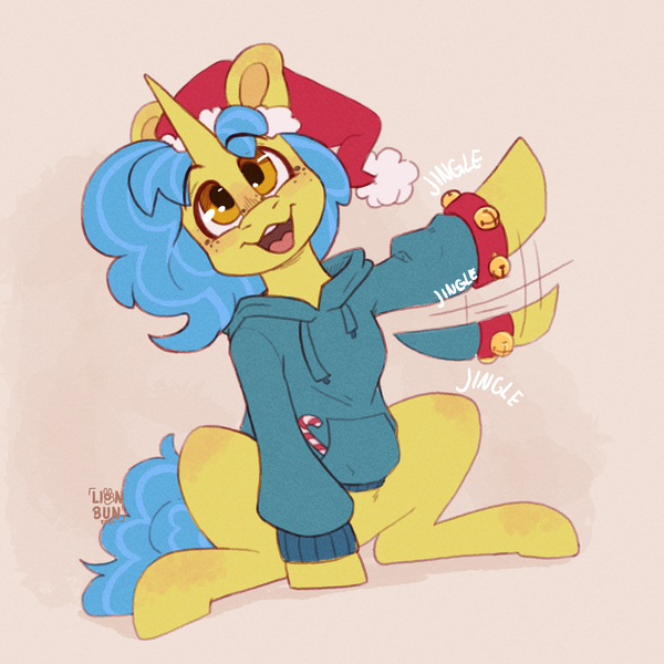 Size: 2500x2500 | Tagged: safe, artist:lionbun, derpibooru import, oc, pony, unicorn, christmas, clothes, commission, cute, hat, holiday, hoodie, horn, image, jingle bells, male, png, santa hat, sketch, stallion, sweater, unicorn oc, waving