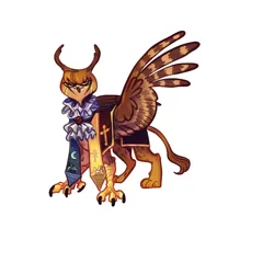 Size: 2000x2000 | Tagged: safe, artist:xularo, derpibooru import, oc, oc:stolas, unofficial characters only, bird, demon, gryphon, hybrid, owl, owl griffon, ars goetia, bangs, banner, cape, claws, cloak, clothes, collar, crescent, cross, disguise, disguised, ear tufts, feather, glasses, hanging banner, image, jabot, leonine tail, looking at you, markings, moon, paws, png, simple background, solo, spots, spotted wings, spread wings, star and crescent, stars, stripes, tail, talons, tapestry, white background, wings, yellow eyes