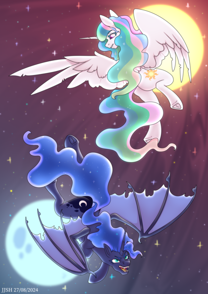 Size: 2894x4093 | Tagged: safe, alternate version, artist:jjsh, derpibooru import, nightmare moon, princess celestia, princess luna, alicorn, bat pony, bat pony alicorn, pony, g4, bat ponified, bat wings, beautiful, duo, evil, fangs, female, fight, flying, grin, high res, horn, image, lunabat, mare, moon, night, night sky, open mouth, png, race swap, redraw, sky, smiling, spread wings, stars, sun, wings