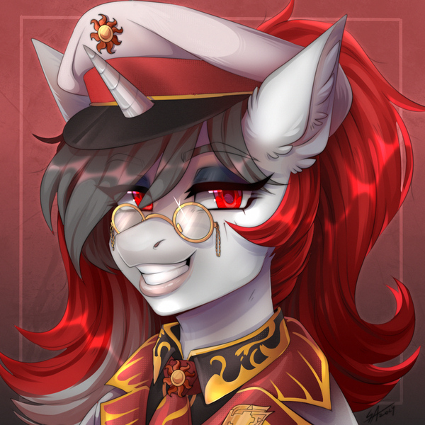 Size: 1200x1200 | Tagged: safe, artist:serodart, derpibooru import, oc, oc:red rocket, unicorn, equestria at war mod, badge, clothes, eyeshadow, glasses, hat, horn, image, looking at you, makeup, necktie, peaked cap, png, smiling, solar empire, unicorn oc, uniform