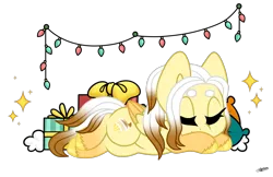 Size: 1600x1037 | Tagged: safe, artist:princessmoonsilver, derpibooru import, oc, oc:lemon meringue, pegasus, pony, christmas, christmas lights, female, holiday, image, lying down, mare, png, present, prone, simple background, sleeping, solo, transparent background