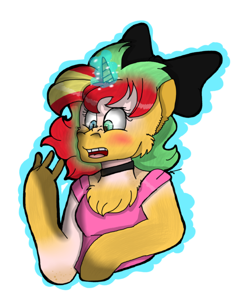 Size: 2246x2670 | Tagged: safe, artist:toffee-the-dingo, derpibooru import, sunset shimmer, human, pony, unicorn, g4, bow, bust, chest fluff, eye color change, female, glow, glowing horn, hair bow, high res, horn, human to pony, image, png, simple background, solo, transformation, transparent background