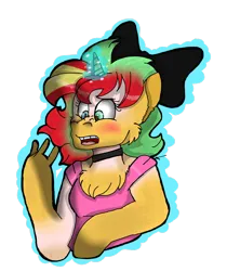 Size: 2246x2670 | Tagged: safe, artist:toffee-the-dingo, derpibooru import, sunset shimmer, human, pony, unicorn, g4, bow, bust, chest fluff, eye color change, female, glow, glowing horn, hair bow, high res, horn, human to pony, image, png, simple background, solo, transformation, transparent background