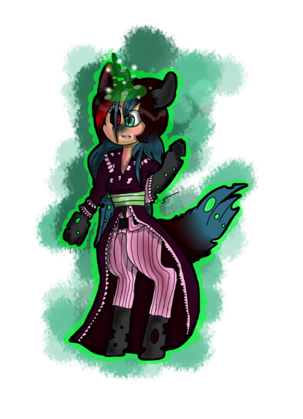 Size: 2081x2881 | Tagged: safe, artist:toffee-the-dingo, derpibooru import, queen chrysalis, changeling, changeling queen, human, g4, black sclera, clothes, dress, eye color change, female, glow, glowing horn, high res, horn, image, png, simple background, solo, standing, transformation, transparent background