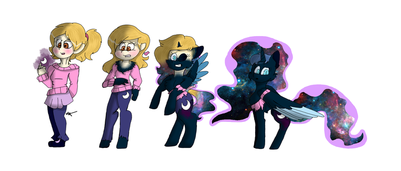 Size: 3751x1599 | Tagged: safe, artist:toffee-the-dingo, derpibooru import, nightmare moon, alicorn, human, pony, g4, chest fluff, clothes, ethereal mane, female, galaxy mane, high res, human to pony, image, png, simple background, solo, torn clothes, transformation, transformation sequence, white background