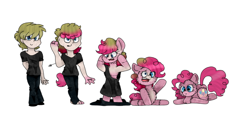 Size: 4407x2285 | Tagged: safe, artist:toffee-the-dingo, derpibooru import, pinkie pie, earth pony, human, pony, g4, high res, human to pony, image, inanimate tf, plushie, png, shrinking, simple background, solo, transformation, transformation sequence, transparent background