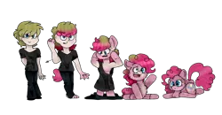 Size: 4407x2285 | Tagged: safe, artist:toffee-the-dingo, derpibooru import, pinkie pie, earth pony, human, pony, g4, high res, human to pony, image, inanimate tf, plushie, png, shrinking, simple background, solo, transformation, transformation sequence, transparent background