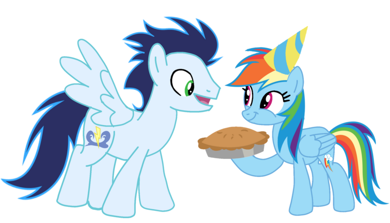 Size: 1280x731 | Tagged: safe, artist:soarindasher10, derpibooru import, rainbow dash, soarin', pegasus, pony, apple, apple pie, birthday, female, food, hat, image, male, mare, party hat, pie, png, shipping, simple background, soarindash, stallion, straight, transparent background