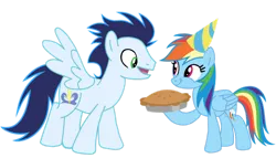 Size: 1280x731 | Tagged: safe, artist:soarindasher10, derpibooru import, rainbow dash, soarin', pegasus, pony, apple, apple pie, birthday, female, food, hat, image, male, mare, party hat, pie, png, shipping, simple background, soarindash, stallion, straight, transparent background