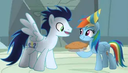 Size: 1280x731 | Tagged: safe, artist:soarindasher10, derpibooru import, rainbow dash, soarin', pegasus, pony, apple, apple pie, birthday, female, food, hat, image, jpeg, male, mare, party hat, pie, shipping, soarindash, stallion, straight