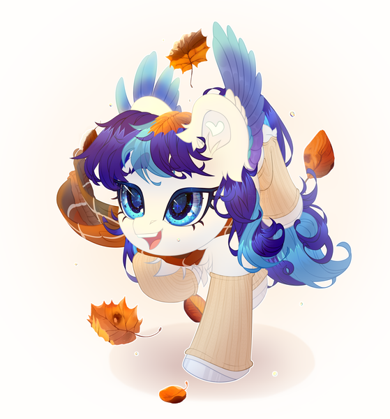 Size: 2700x2900 | Tagged: safe, artist:medkit, derpibooru import, oc, oc:snowflake flower, unofficial characters only, pegasus, pony, accessory, autumn, autumn leaves, blue eyes, blue mane, blue tail, cel shading, chest fluff, chibi, clothes, colored ears, colored eyebrows, colored eyelashes, colored hooves, colored lineart, colored pupils, colored wings, ear fluff, ears up, eye clipping through hair, eyebrows, eyebrows visible through hair, eyes open, feathered wings, female, fringe, full body, gradient background, gradient wings, heart ears, heart shaped, hooves, image, leaf, leaves, leg fluff, lightly watermarked, long mane, long tail, looking at something, mare, multicolored wings, open mouth, open smile, paint tool sai 2, pegasus oc, png, raised eyebrows, raised hoof, raised leg, running, scarf, shading, shadow, signature, smiling, socks, solo, spread wings, tail, three quarter view, two toned mane, two toned tail, wall of tags, water drops, watermark, white coat, wings