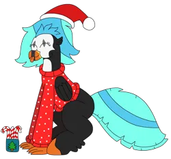 Size: 2397x2235 | Tagged: safe, artist:supahdonarudo, derpibooru import, oc, oc:icebeak, classical hippogriff, hippogriff, :p, candy, candy cane, christmas, christmas tree, clothes, cup, eyes closed, food, happy, hat, holiday, image, png, santa hat, simple background, sitting, sweater, tongue out, transparent background, tree