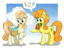 Size: 2855x2154 | Tagged: safe, artist:eels, derpibooru import, carrot top, golden harvest, junebug, earth pony, pony, g4, bag, carrot, duo, duo female, female, flower, food, high res, image, mare, math, mouth hold, open mouth, passepartout, png, pointing, raised hoof, saddle bag, smiling, speech bubble, thinking