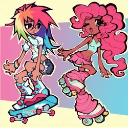 Size: 2048x2048 | Tagged: safe, artist:bronieforponie, artist:broniesforponies, derpibooru import, pinkie pie, rainbow dash, human, g4, humanized, image, jpeg, roller skates, skateboard, skates