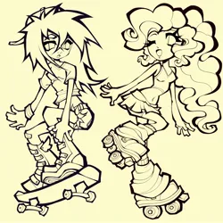 Size: 2048x2048 | Tagged: safe, artist:broniesforponies, derpibooru import, pinkie pie, rainbow dash, human, g4, humanized, image, jpeg, roller skates, skateboard, skates