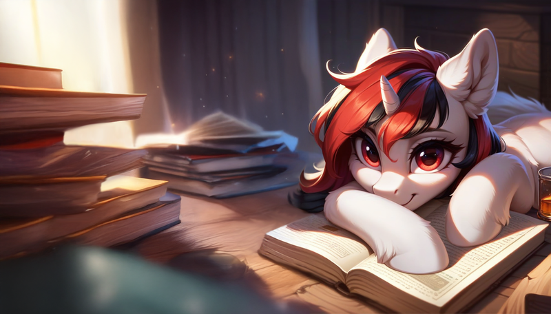 Size: 1796x1024 | Tagged: safe, ai content, derpibooru import, machine learning generated, stable diffusion, oc, oc:blackjack, unofficial characters only, pony, unicorn, fallout equestria, fallout equestria: project horizons, beautiful eyes, book, cute, daaaaaaaaaaaw, fanfic art, generator:pony diffusion v6 xl, horn, image, png, prompter:teonanakatle, solo