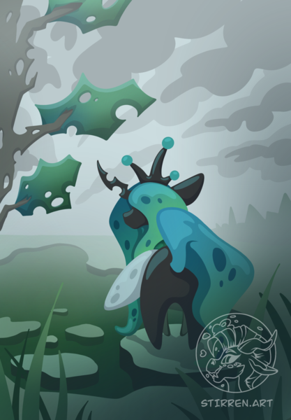 Size: 1640x2360 | Tagged: safe, artist:stirren, derpibooru import, queen chrysalis, pony, g4, chibi, facing away, image, png, rear view, solo, standing, swamp