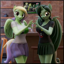 Size: 2000x2000 | Tagged: safe, artist:dangerousdpad, ponerpics import, oc, oc:denalia, oc:green screen, unofficial characters only, anthro, bat pony, 3d, bat pony oc, bat wings, breasts, clothes, duo, duo female, female, image, jpeg, wings